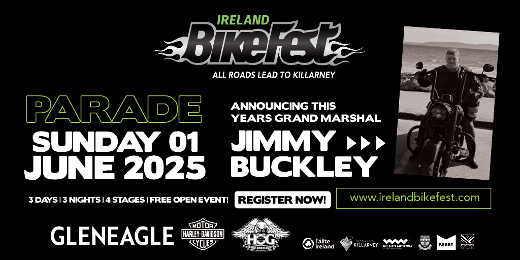 Ireland BikeFest Killarney 2025 -Jimmy Buckley Grand Marshal Parade_1024 x 512